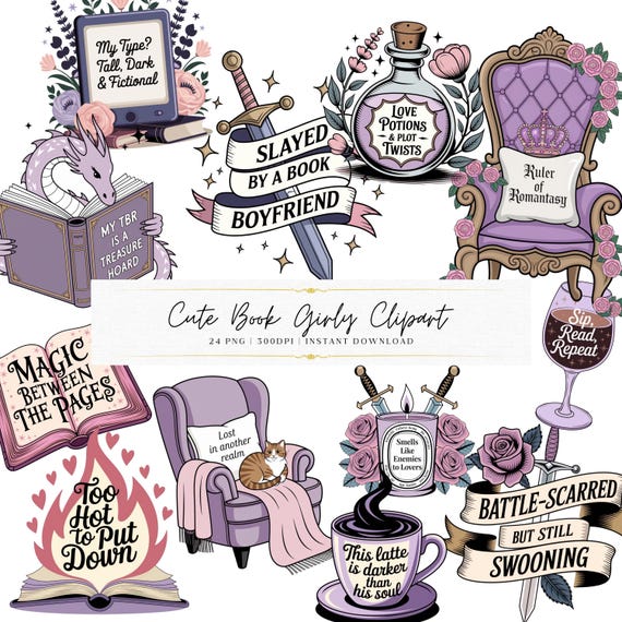 Cute Book Girlies Clipart Bundle | Bookish Aesthetic Digital Stickers | Romantasy Reader Art | Cute Book Lover PNG Pack Download | Bookworm