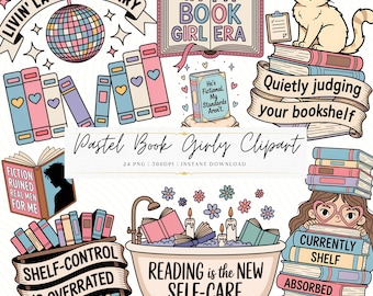 Pastell Buch Girlies Clipart Bundle: Bücherwurm PNG Sticker (digitaler Download)