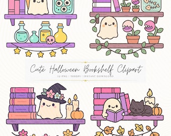 Halloween Bookshelf Clipart: Ghost, Cat, Pumpkin (PNG Digital Art)