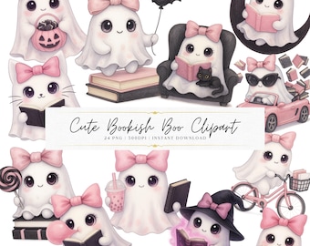 Cute Ghost Clipart, Pastel Halloween PNG, Bookish Boo, Black Cats (Digital Download)