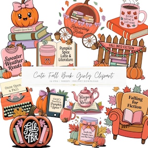 Può includere: Una collezione di clipart a tema autunnale con zucche, libri ed elementi accoglienti. Include una zucca con un fiocco, una tazza con "Books Brews & Cozy Views", e il testo "Cute Fall Book Girly Clipart".