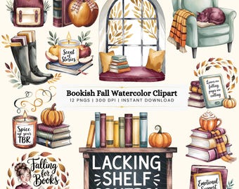 Fall Bookish Watercolor Clipart Set: Cozy Autumn PNG Bundle (Digital Download)