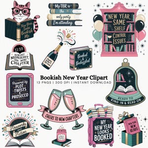 May include: A collection of bookish New Year clipart illustrations. Includes a cat wearing glasses reading a book, a champagne bottle, a bookshelf, and a suitcase filled with books. Text includes "New Year, Same Bookish Me."