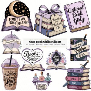 May include: A collection of cute book-themed clipart illustrations. The designs include stacks of books, open books with text, a coffee cup, and decorative elements like swords and ribbons. The color palette features purples, blues, and browns.