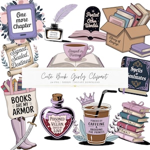 May include: A set of illustrations with a bookish theme, including an e-reader, inkwell, open books, a coffee cup, and a potion bottle. The image also features stacks of books with titles such as "Epic" and "Tales", and a cardboard box of books.