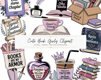 Cute Book Girlies Clipart Bundle | Bookish Aesthetic Digital Stickers | Romantasy Reader Art | Cute Book Lover PNG Pack Download | Bookworm
