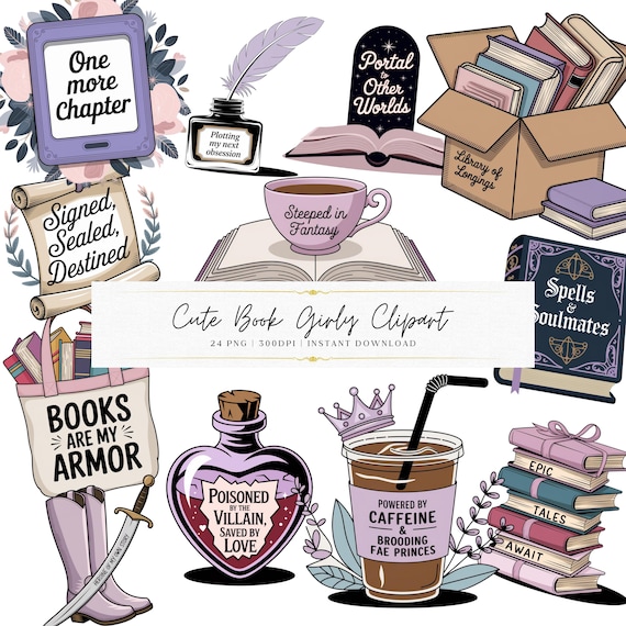 Cute Book Girlies Clipart Bundle | Bookish Aesthetic Digital Stickers | Romantasy Reader Art | Cute Book Lover PNG Pack Download | Bookworm