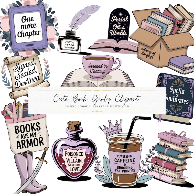 May include: A set of illustrations with a bookish theme, including an e-reader, inkwell, open books, a coffee cup, and a potion bottle. The image also features stacks of books with titles such as "Epic" and "Tales", and a cardboard box of books.