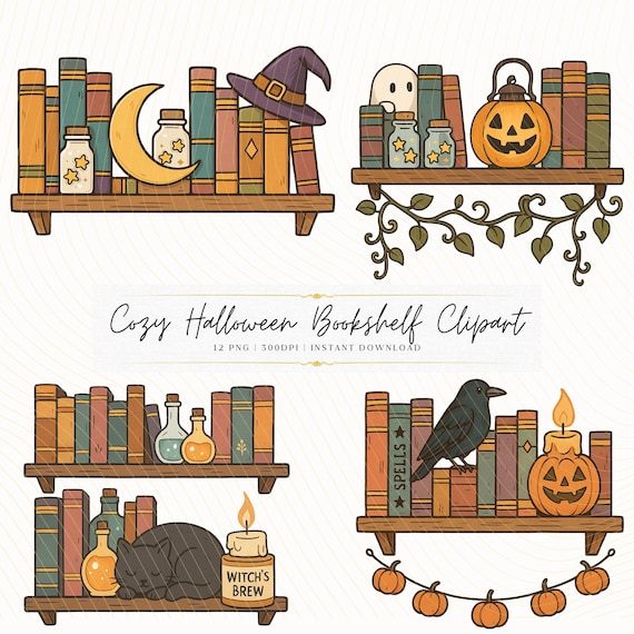 Halloween Bookshelf Clipart PNG Pack: Witchy Ghost, Pumpkin Art (Digital Download)