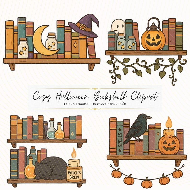 May include: A digital illustration of four cozy Halloween bookshelves. Each shelf is filled with books, and decorated with Halloween-themed items like a witch's hat, a ghost, a jack-o'-lantern, and a black cat. The text "Cozy Halloween Bookshelf Clipart" is at the bottom.