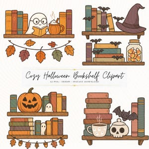 May include: A digital illustration featuring four cozy Halloween bookshelf scenes. Each shelf is filled with books in autumnal colors, with decorative elements like bats, ghosts, pumpkins, and a witch's hat. The text "Cozy Halloween Bookshelf Clipart" is displayed.