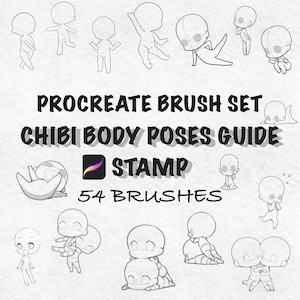 Puede incluir: Una guía de arte digital con el texto "Procreate Brush Set Chibi Body Poses Guide Stamp 54 Brushes". La imagen presenta dibujos lineales de poses de cuerpo chibi, ideal para artistas digitales. El logotipo de la aplicación Procreate también es visible.