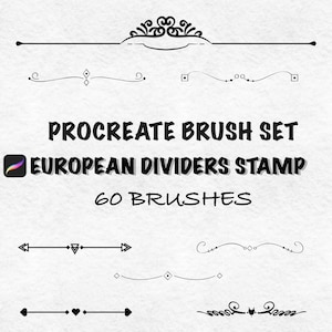 Puede incluir: Gráfico de arte digital que presenta un conjunto de pinceles Procreate. El texto dice "Procreate Brush Set European Dividers Stamp 60 Brushes". La imagen muestra varios diseños de divisores negros sobre un fondo blanco.