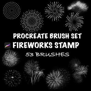 May include: A black background with white illustrations of fireworks. The text reads "Procreate Brush Set Fireworks Stamp 53 Brushes" in white. The Procreate app logo is in the lower left corner.