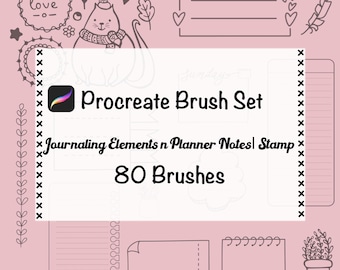 May include: A pink digital art graphic with the text "Procreate Brush Set" and "Journaling Elements n Planner Notes | Stamp 80 Brushes." The image includes decorative elements like hearts, leaves, and a cat.