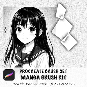 May include: Black and white manga-style illustration of a young woman with long, dark hair and a school uniform. The image includes the text "PROCREATE BRUSH SET MANGA BRUSH KIT 350+ BRUSHES & STAMPS" and a Procreate app icon.