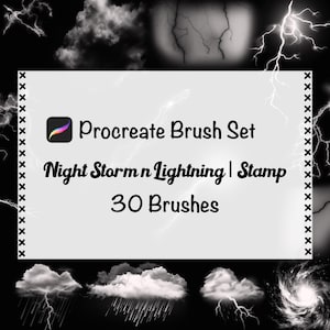 May include: A digital art product image featuring a Procreate Brush Set. The text reads "Night Storm n Lightning | Stamp" with "30 Brushes" below. The background is black with white lightning and cloud graphics.
