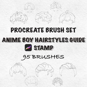 May include: A digital art guide for Procreate, featuring a brush set for anime boy hairstyles. The image displays various line art examples of hairstyles, with the text "Procreate Brush Set Anime Boy Hairstyles Guide Stamp 95 Brushes."
