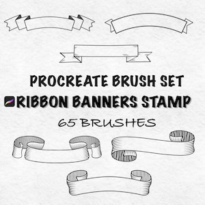 May include: A digital art graphic featuring several ribbon banner designs in black and white. The text "Procreate Brush Set Ribbon Banners Stamp" is displayed, along with "65 Brushes". The banners vary in shape and style, suitable for digital art projects.