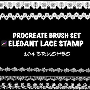 Könnte beinhalten: Schwarzer Hintergrund mit weißem Text und dekorativen Spitzenbordüren. Der Text lautet "PROCREATE BRUSH SET ELEGANT LACE STAMP 104 BRUSHES". Das Procreate-App-Logo befindet sich oben links. Das Bild zeigt digitale Kunstpinsel.
