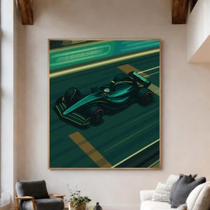 Puede incluir: Ilustración de un coche de carreras de Fórmula 1 en movimiento. El coche es principalmente negro con detalles turquesa y rojo, corriendo por una pista verde y beige. La obra tiene un estilo gráfico moderno, para decoración de pared.