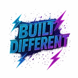 Pode incluir: Design gráfico com as palavras "BUILT DIFFERENT" em azul e roxo, com um efeito de textura rachada. O texto está sobre um fundo escuro com respingos de tinta e raios.