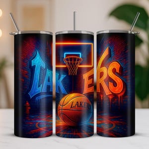 Lakers Tumbler Wrap: Neon Graffiti Basketball Design (PNG Digital Download)
