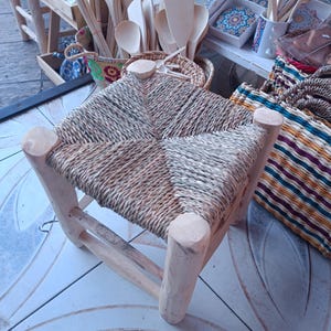 Handcrafted Artisan Moroccan Stool – Rustic Natural Wood & Woven Palm Leaf Seat – Boho Chic Home Decor
