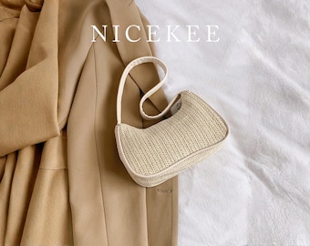 Bolso de hombro tejido beige: bolso ligero de paja para mujer, bolso de playa de verano, bolso informal para viajes y vacaciones.