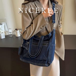 Umhängetasche, Lässige Große Canvas Tote mit Taschen, verstellbarer Riemen, Vintage Blue Jean Handtasche für den täglichen Gebrauch oder Reisen, Geschenk für Sie