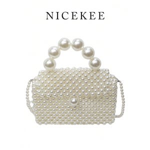 May include: A white beaded handbag with a handle made of large pearls. The bag is rectangular with a pearl clasp and a pearl chain strap. The word "NICEKEE" is printed above the bag.
