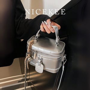 Mini Metallic Silver Box Bag for Women - Structured Crossbody Handbag with Top Handle and Charm Details, Woman Top Handle Bag, Gift For Her