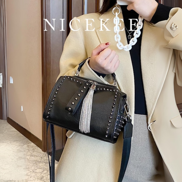 Black Studded Faux Leather Crossbody Bag, Rock Chic Handbag with Crystal Tassel Detail, Woman Bag, Edgy Small Shoulder Purse, Gift for Her