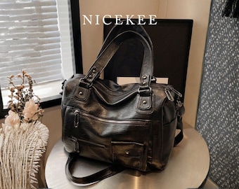 Black Large Capacity Shoulder Bag – Multi-Pocket PU Leather Tote Handbag for Women, Work Office Travel Crossbody Purse