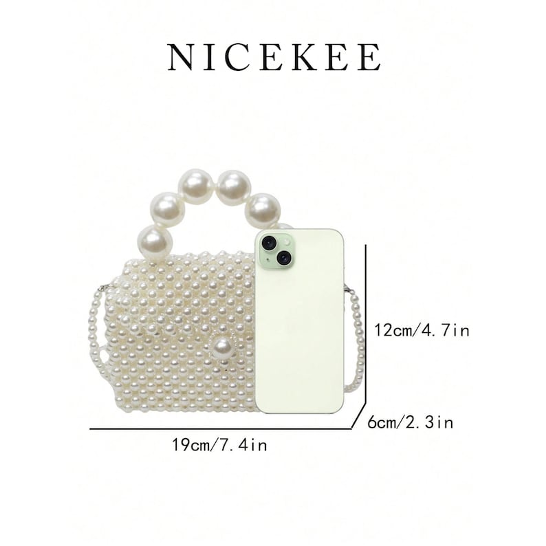 May include: A white beaded handbag with a pearl handle and a pearl chain strap. The bag is 7.4 inches long, 4.7 inches high, and 2.3 inches wide. A smartphone is placed next to the bag for size comparison. The brand name "NICEKEE" is at the top.