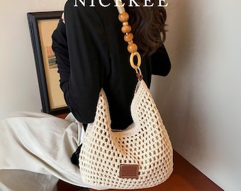 Hollow Crochet Shoulder Bag – Beaded Strap, Summer Crossbody