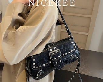 Borsa da ascella con borchie punk Y2K - Borsa a tracolla gotica steampunk con catena e cerniera, borsa punk da donna, borsa gotica nera, regalo per lei