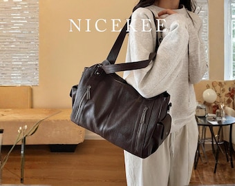 Elegant Brown PU Leather Shoulder Bag – Large Capacity Tote with Zipper Pockets, Stylish Everyday Handbag for Work, Travel & Casual Use