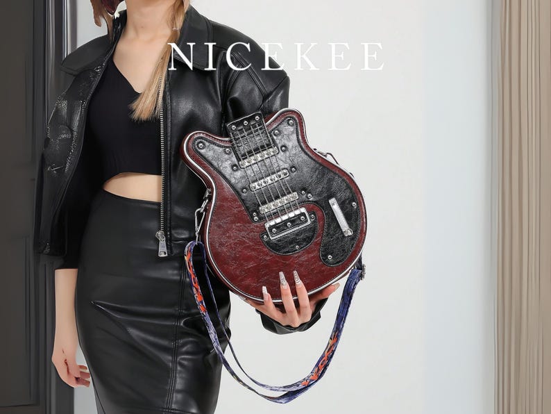 May include: A guitar-shaped handbag with a burgundy and black design. The bag has a shoulder strap with a colorful pattern. The word "NICEKEE" is displayed in white text at the top of the image.