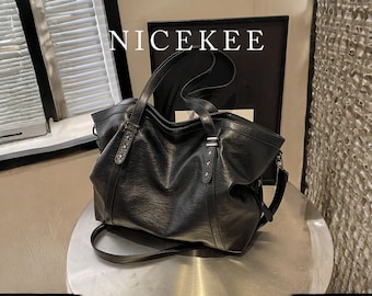 Black PU Leather Oversized Tote Bag – Adjustable Strap, Travel Work Bag