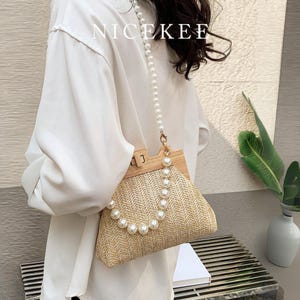 Faux Pearl Decor Straw Bag – Woven Small Square Shoulder Purse, Summer Beach Crossbody Bag, Trendy Pearl Handbag for Women, Gift For Her