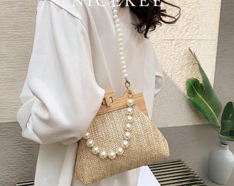 Handwoven Rattan Seashell Crossbody Bag | Coastal Chic Boho  Brand new boho Woven Shell and sequins 
Shoulder Bag in Natural cross body display picture 1