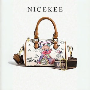 Anime Graffiti Bear Print Boston Bag – Cute Cartoon Shoulder and Handheld Retro Bag for Girls and Teens, Woman Tote Bags, Top Handle Bags