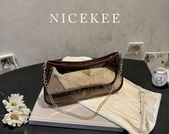 Bolso de hombro marrón transparente con cadena: elegante bolso de PVC para llevar bajo el brazo, minimalista y transparente, ideal para fiestas, ropa de calle y looks diarios.