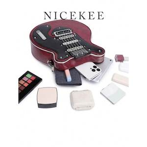 May include: A burgundy guitar-shaped handbag with black accents and silver hardware. The bag is open, revealing a smartphone, makeup, and other accessories. The word "NICEKEE" is at the top.