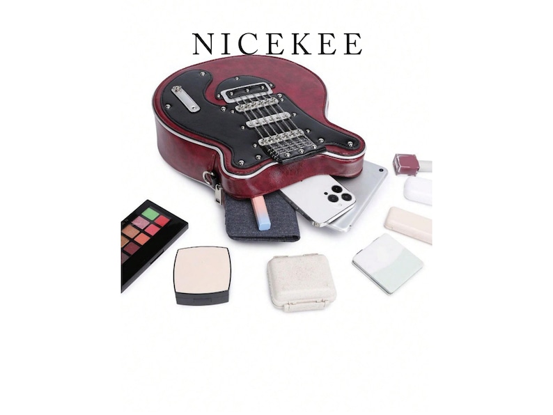 May include: A burgundy guitar-shaped handbag with black accents and silver hardware. The bag is open, revealing a smartphone, makeup, and other accessories. The word "NICEKEE" is at the top.