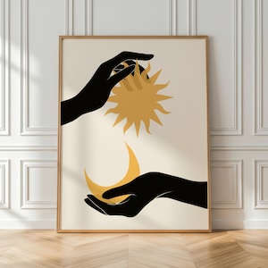 Sun and Moon Hands Print: Minimalist Celestial Bedroom Art (Digital Download