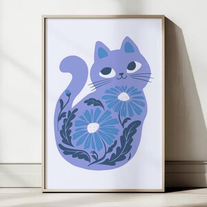 Blue Cat Art Print: Funny Kitchen or Living Room Decor (Digital Download