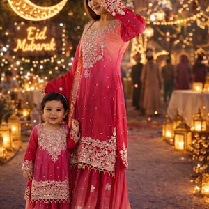 May include: A woman and a child in matching red and pink embroidered dresses stand in front of a glowing crescent moon and star decoration. The words "Eid Mubarak" are illuminated in gold. The scene is lit by warm, festive lights.