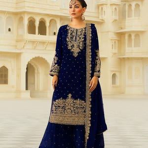 Navy Blue Sequin Sharara Suit: Chinon Silk Pakistani Party Dress